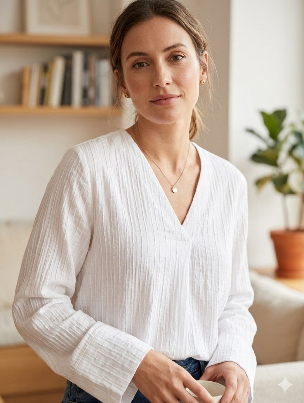 SHORE Brand Women's V-Neck Crinkle Blouse Top Made in USA